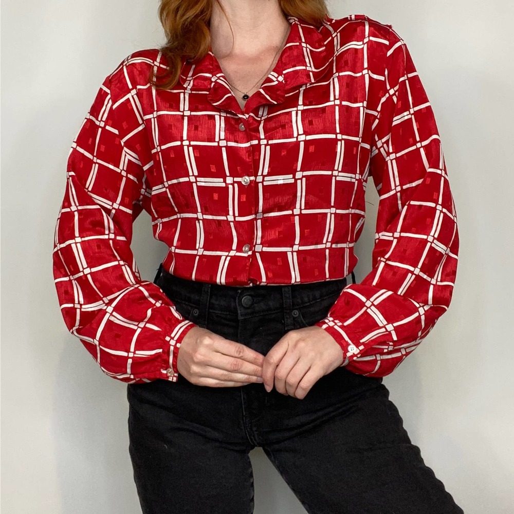 Vintage 80s Notations Large Red & White Button Down Grid Pattern Blouse